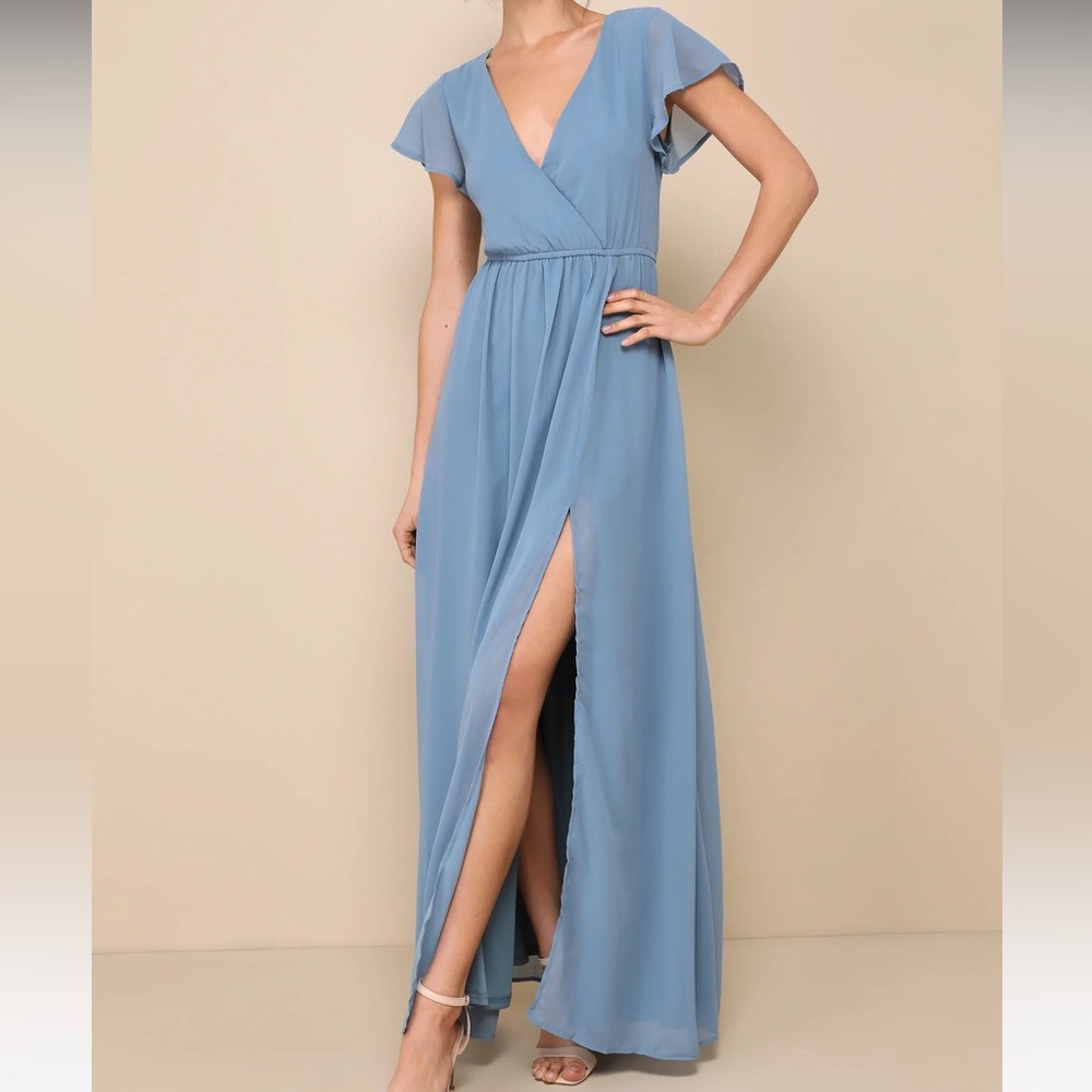 NWT Lulus L Lost In The Moment Slate Blue Maxi Dress Chiffon Bridesmaid Mesh